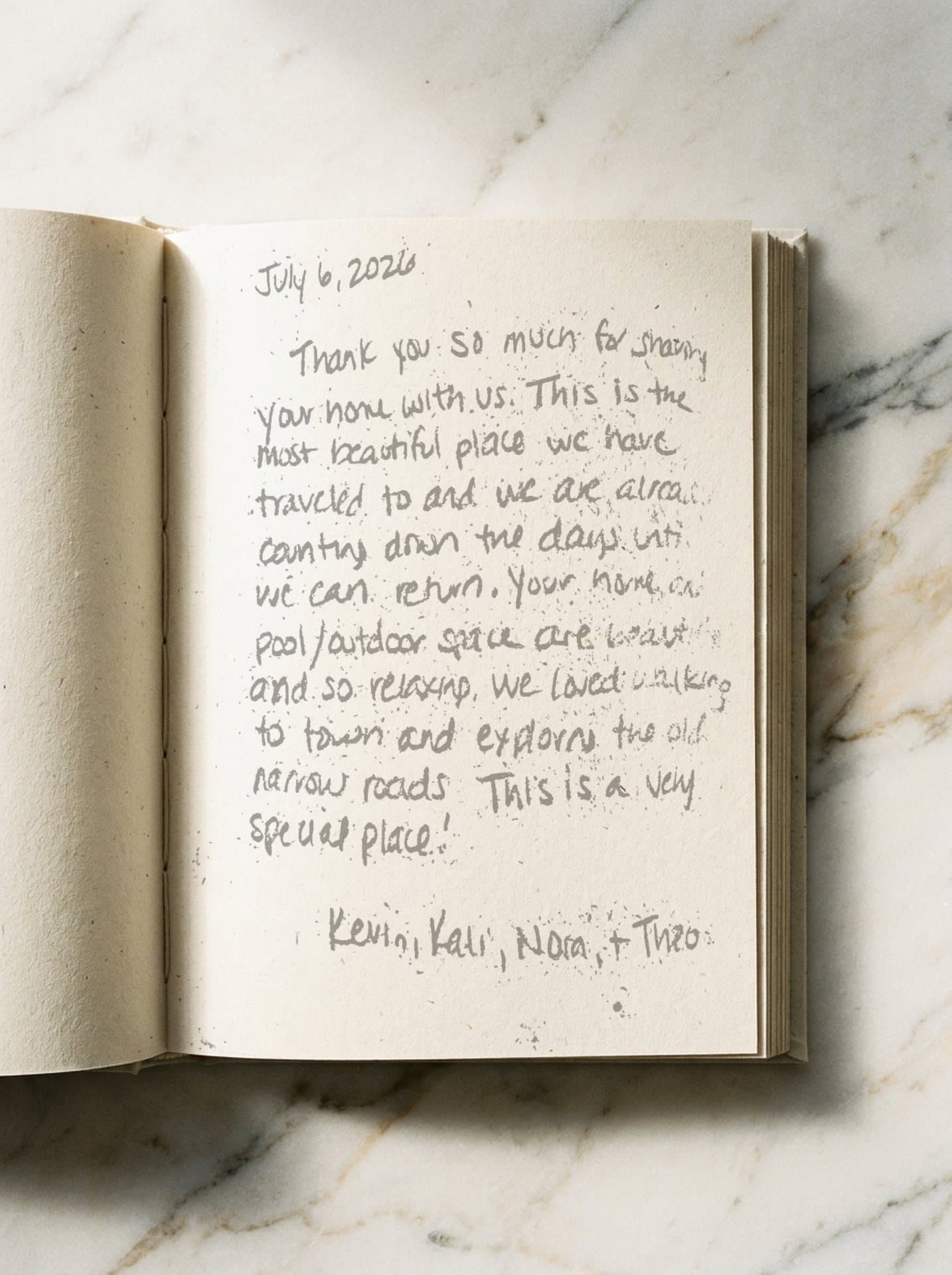 Guest book entry, July 6, 2026, signed Kevin, Kali, Nora + Theo